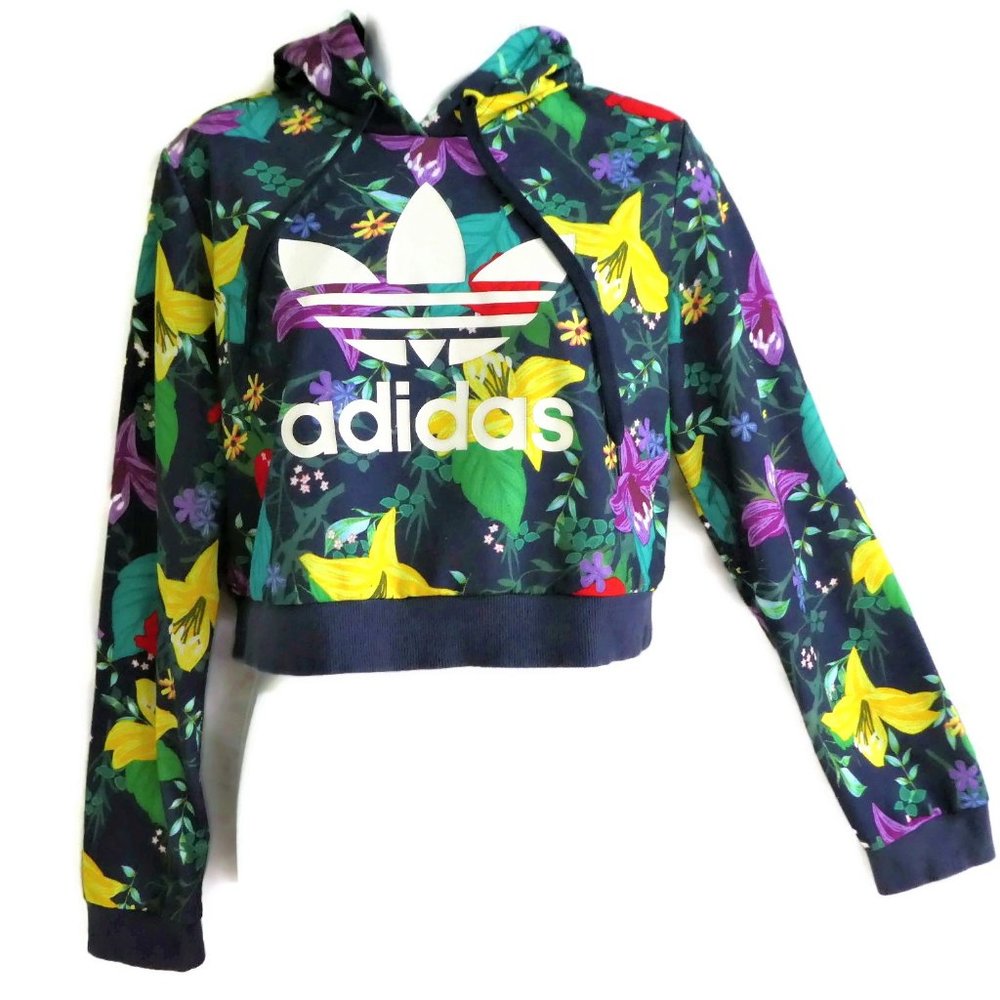 Adidas Sweatshirt Hood Floral Crop Trefoil Navy Ribbed Knit Cuffs Waistband XS - Picture 3 of 9